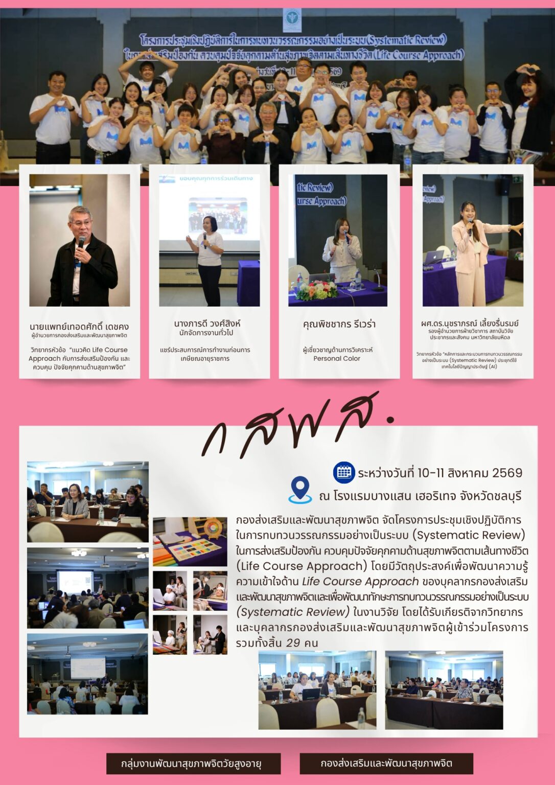 โครงการประชุมเชิงปฏิบัติการในการทบทวนวรรณกรรมอย่างเป็นระบบ(Systematic Review) ในการส่งเสริมป้องกัน ควบคุมปัจจัยคุมคามด้านสุขภาพจิตตามเส้นทางชีวิต(Life Course Approach) วันที่ 10-11 ส.ค. 69 ณ รร.บางแสน เฮอริเทจ จ.ชลบุรี